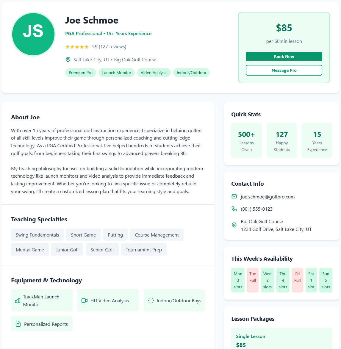Preview of a Golf Pro Profile Page